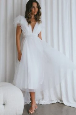 Leap Of Faith Frill Shoulder Tulle Midi Dress White -Selfie Leslie Shop SR0402BWHITE 1