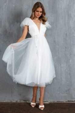 Leap Of Faith Frill Shoulder Tulle Midi Dress White -Selfie Leslie Shop SR0402BWHITE 2