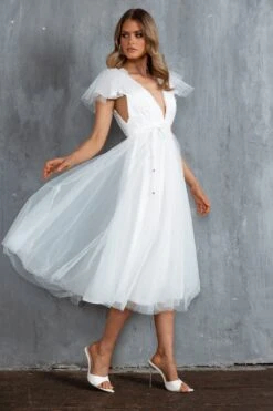 Leap Of Faith Frill Shoulder Tulle Midi Dress White -Selfie Leslie Shop SR0402BWHITE 4