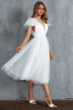 Leap Of Faith Frill Shoulder Tulle Midi Dress White -Selfie Leslie Shop SR0402BWHITE 5