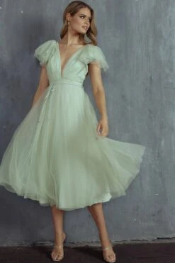 Leap Of Faith Frill Shoulder Tulle Midi Dress Pistachio -Selfie Leslie Shop SR0402B 20PISTACHIO 4