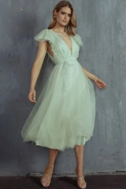 Leap Of Faith Frill Shoulder Tulle Midi Dress Pistachio -Selfie Leslie Shop SR0402B 20PISTACHIO 8