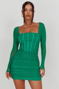 Dream Catcher Long Sleeve Ruched Mini Dress Green 12 Dream Catcher Long Sleeve Ruched Mini Dress Green -Selfie Leslie Shop SR0702H 20GREEN 5