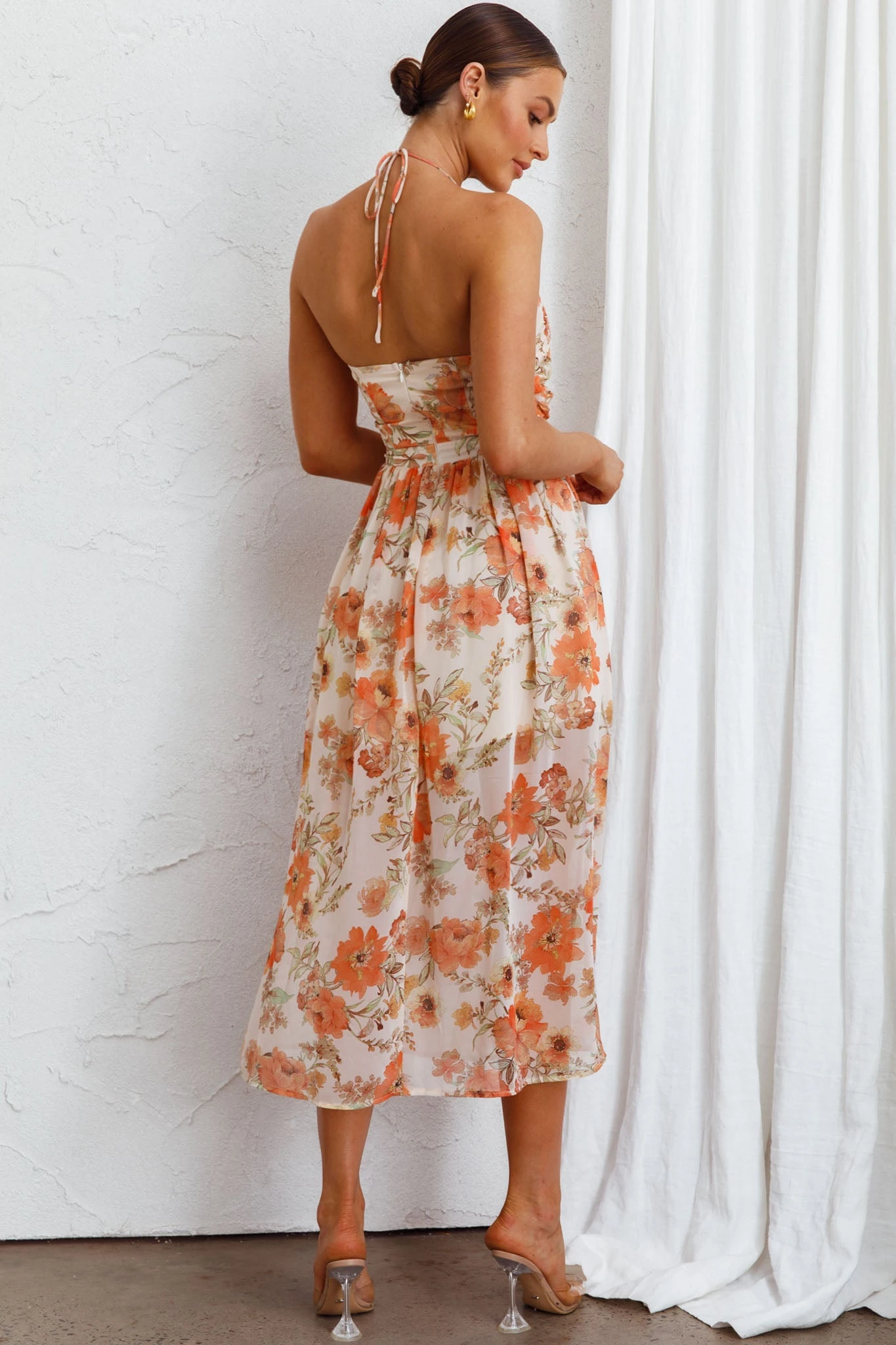 Los Feliz Tied Bust Halterneck Midi Dress Floral Beige 4 Los Feliz Tied Bust Halterneck Midi Dress Floral Beige - Image 2