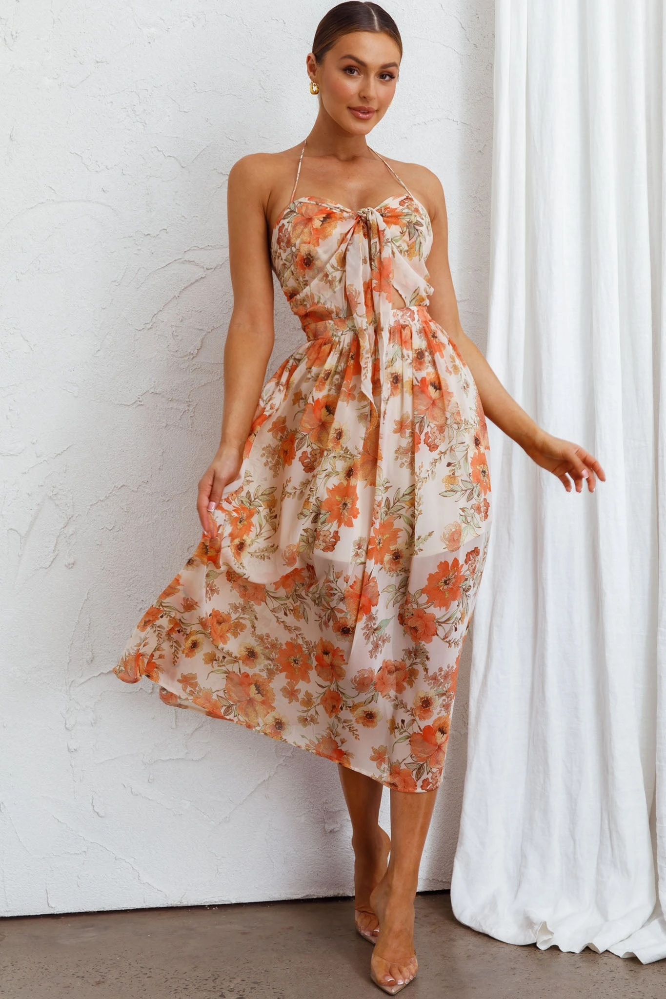 Los Feliz Tied Bust Halterneck Midi Dress Floral Beige 6 Los Feliz Tied Bust Halterneck Midi Dress Floral Beige - Image 4