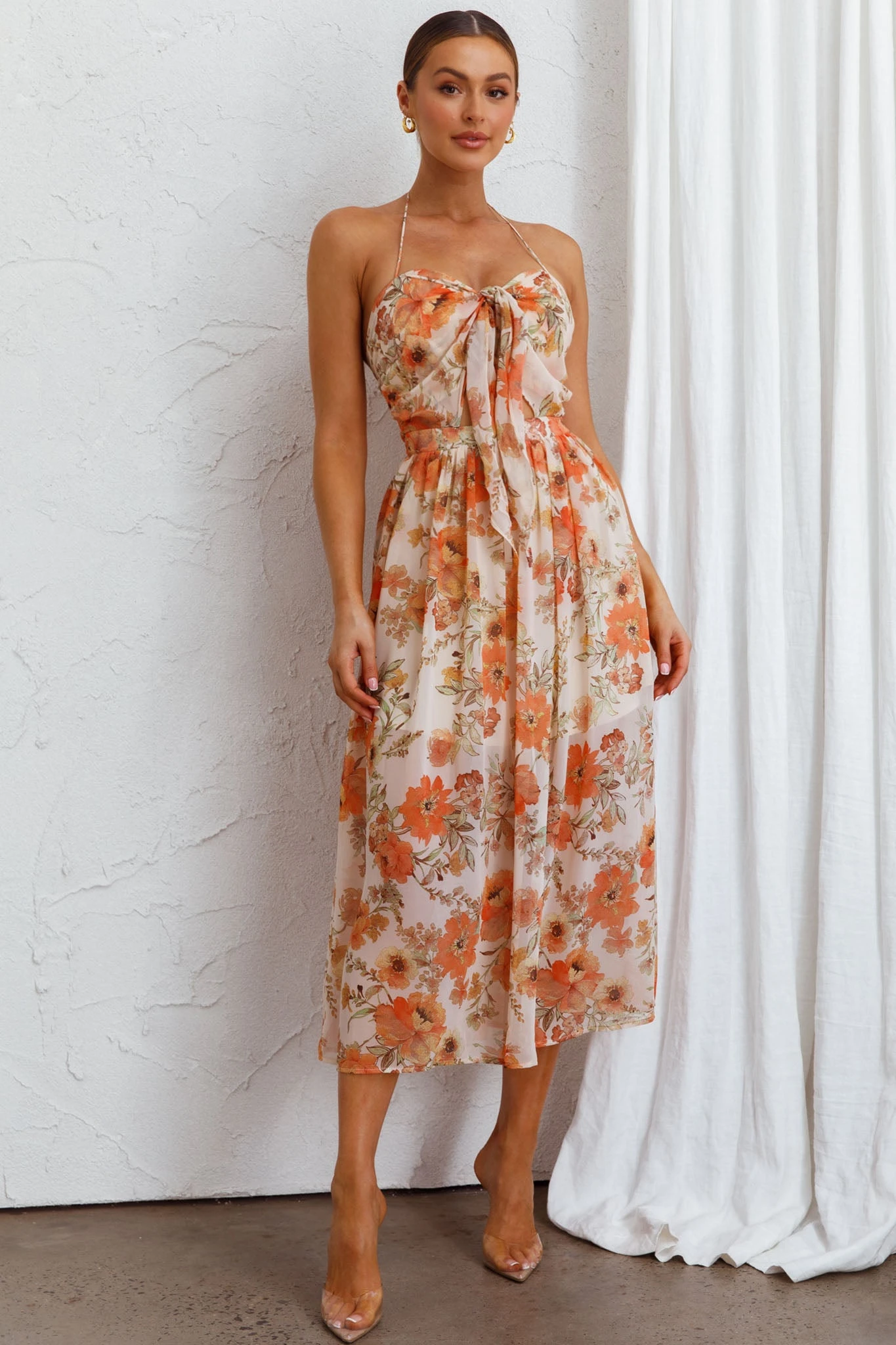 Los Feliz Tied Bust Halterneck Midi Dress Floral Beige 7 Los Feliz Tied Bust Halterneck Midi Dress Floral Beige - Image 5
