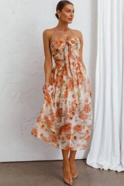 Los Feliz Tied Bust Halterneck Midi Dress Floral Beige 16 Los Feliz Tied Bust Halterneck Midi Dress Floral Beige -Selfie Leslie Shop ST0123B09 20BEIGE 7