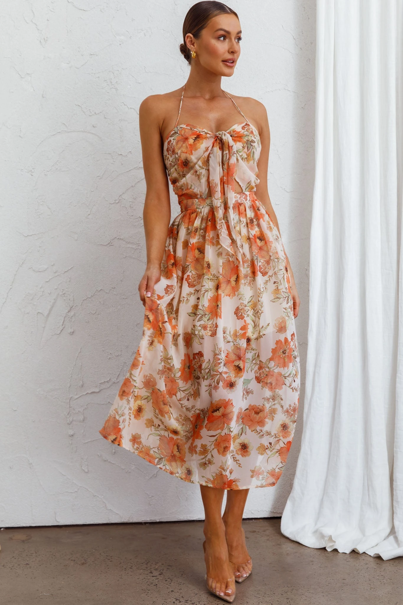 Los Feliz Tied Bust Halterneck Midi Dress Floral Beige 9 Los Feliz Tied Bust Halterneck Midi Dress Floral Beige - Image 7