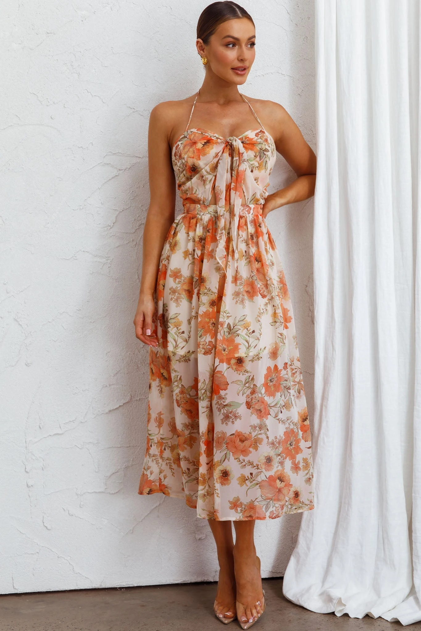 Los Feliz Tied Bust Halterneck Midi Dress Floral Beige 10 Los Feliz Tied Bust Halterneck Midi Dress Floral Beige - Image 8