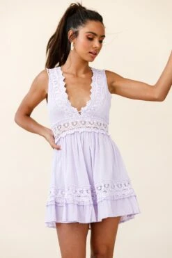 Indio Crochet Insert Deep V-Neckline Dress Lavender 12 Indio Crochet Insert Deep V-Neckline Dress Lavender -Selfie Leslie Shop ST0491B03 LAVENDER 3