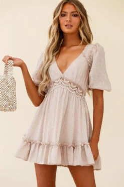 Everleigh Milkmaid Sleeve Exposed Back Dress Beige -Selfie Leslie Shop ST1690B01 BEIGE 6