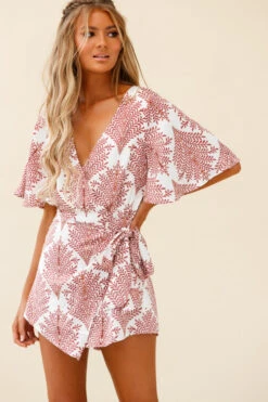 Nadi V-Neckline Wrap Romper Leaf Print White -Selfie Leslie Shop ST1765BK04 WHITE 4