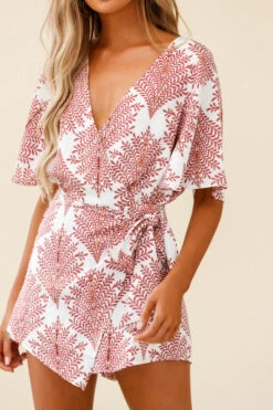 Nadi V-Neckline Wrap Romper Leaf Print White -Selfie Leslie Shop ST1765BK04 WHITE 7