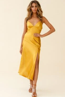 Downtown Cami Strap Front Split Midi Dress Mustard -Selfie Leslie Shop ST2099B01 MUSTARD 5