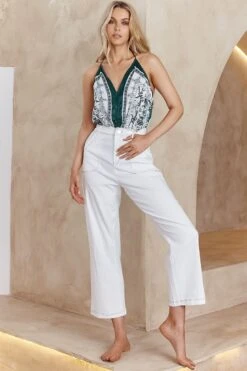 Get Loud Button Front Open Back Bodysuit Paisley Print Green -Selfie Leslie Shop ST2112B 20GREEN 2