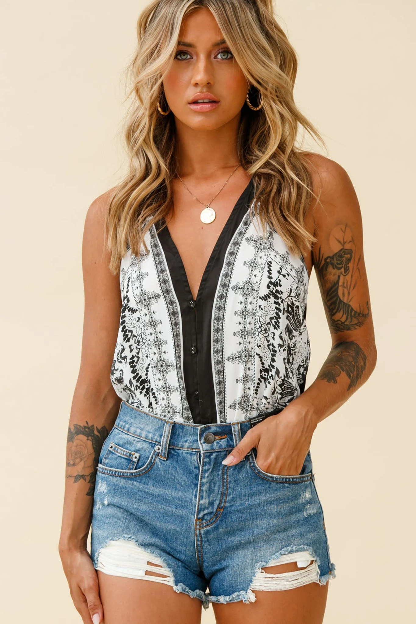 Get Loud Button Front Open Back Bodysuit Paisley Print Black 3 Get Loud Button Front Open Back Bodysuit Paisley Print Black