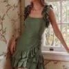 Annie Ruffle Shoulder Strap Layered Hem Mini Dress Green 1 Annie Ruffle Shoulder Strap Layered Hem Mini Dress Green -Selfie Leslie Shop ST2186D01 20GREEN 1