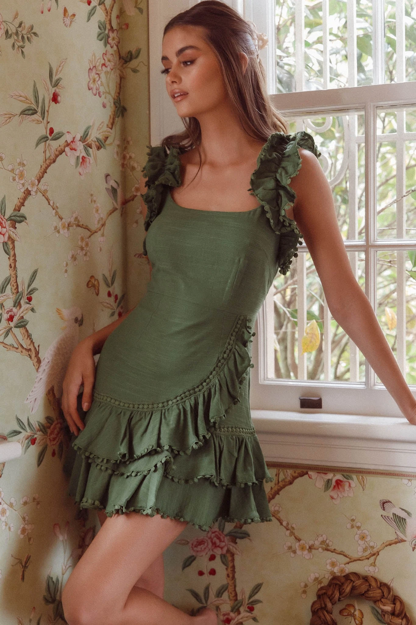 Annie Ruffle Shoulder Strap Layered Hem Mini Dress Green 3 Annie Ruffle Shoulder Strap Layered Hem Mini Dress Green