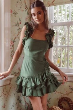 Annie Ruffle Shoulder Strap Layered Hem Mini Dress Green 12 Annie Ruffle Shoulder Strap Layered Hem Mini Dress Green -Selfie Leslie Shop ST2186D01 20GREEN 2