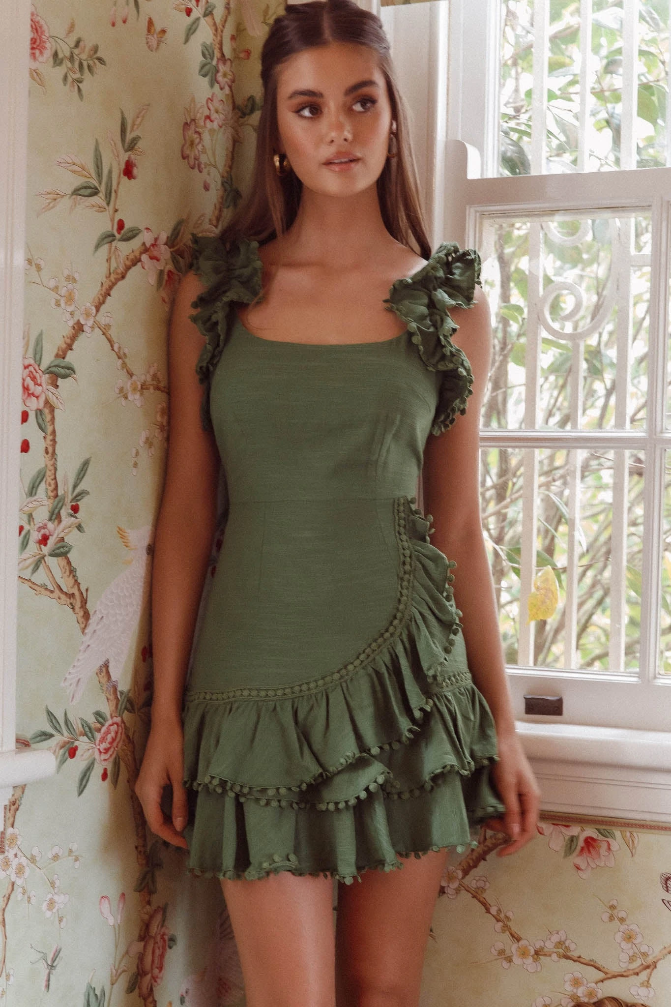 Annie Ruffle Shoulder Strap Layered Hem Mini Dress Green 9 Annie Ruffle Shoulder Strap Layered Hem Mini Dress Green - Image 7
