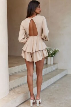 Talk About It Balloon Sleeve Open Back Knit Romper Beige -Selfie Leslie Shop ST2248D01 BEIGE 8