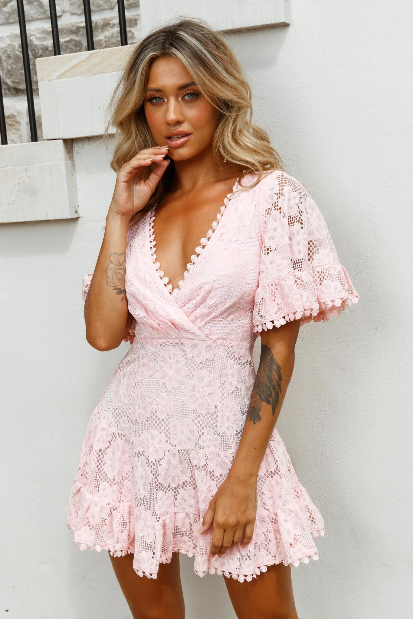 Alaia Short Fluted Sleeve Crochet Lace Dress Baby Pink 7 Alaia Short Fluted Sleeve Crochet Lace Dress Baby Pink - Image 5