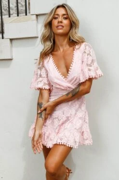 Alaia Short Fluted Sleeve Crochet Lace Dress Baby Pink 15 Alaia Short Fluted Sleeve Crochet Lace Dress Baby Pink -Selfie Leslie Shop ST2413B BABY PINK 7