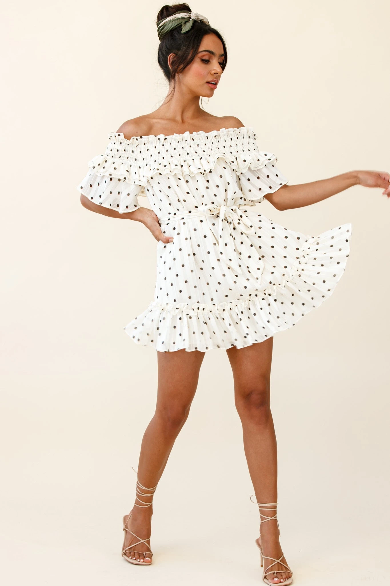 Rita Shirred Off-Shoulder Dress Polka Dot Print White 4 Rita Shirred Off-Shoulder Dress Polka Dot Print White - Image 2