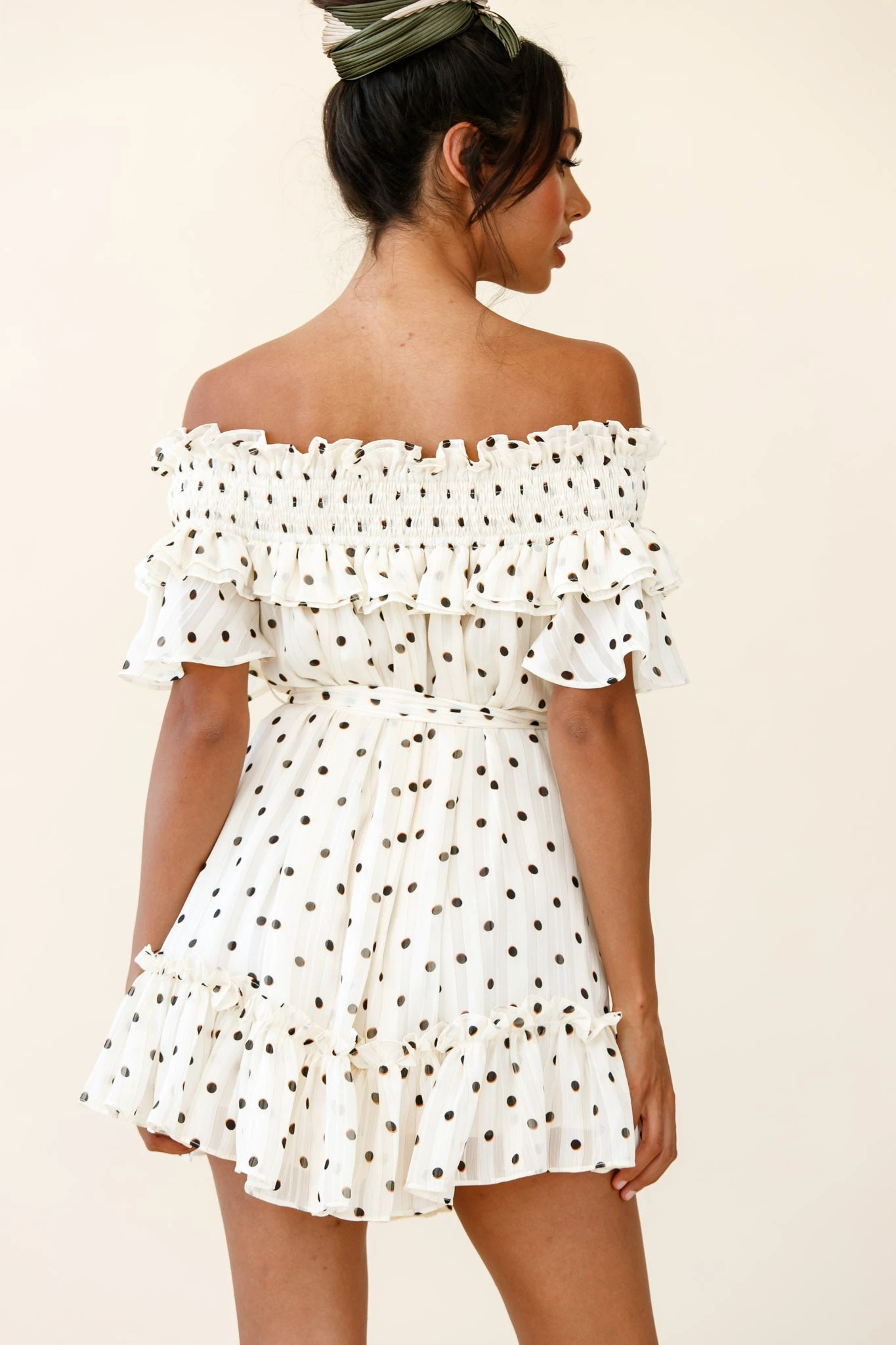 Rita Shirred Off-Shoulder Dress Polka Dot Print White 5 Rita Shirred Off-Shoulder Dress Polka Dot Print White - Image 3