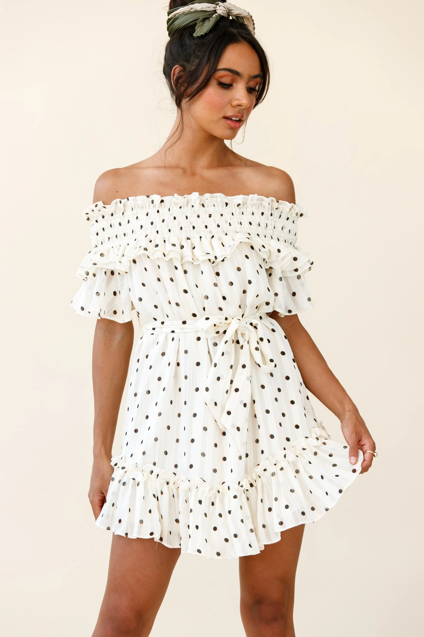 Rita Shirred Off-Shoulder Dress Polka Dot Print White 3 Rita Shirred Off-Shoulder Dress Polka Dot Print White