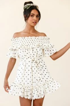 Rita Shirred Off-Shoulder Dress Polka Dot Print White 11 Rita Shirred Off-Shoulder Dress Polka Dot Print White -Selfie Leslie Shop ST2414D WHITE 4