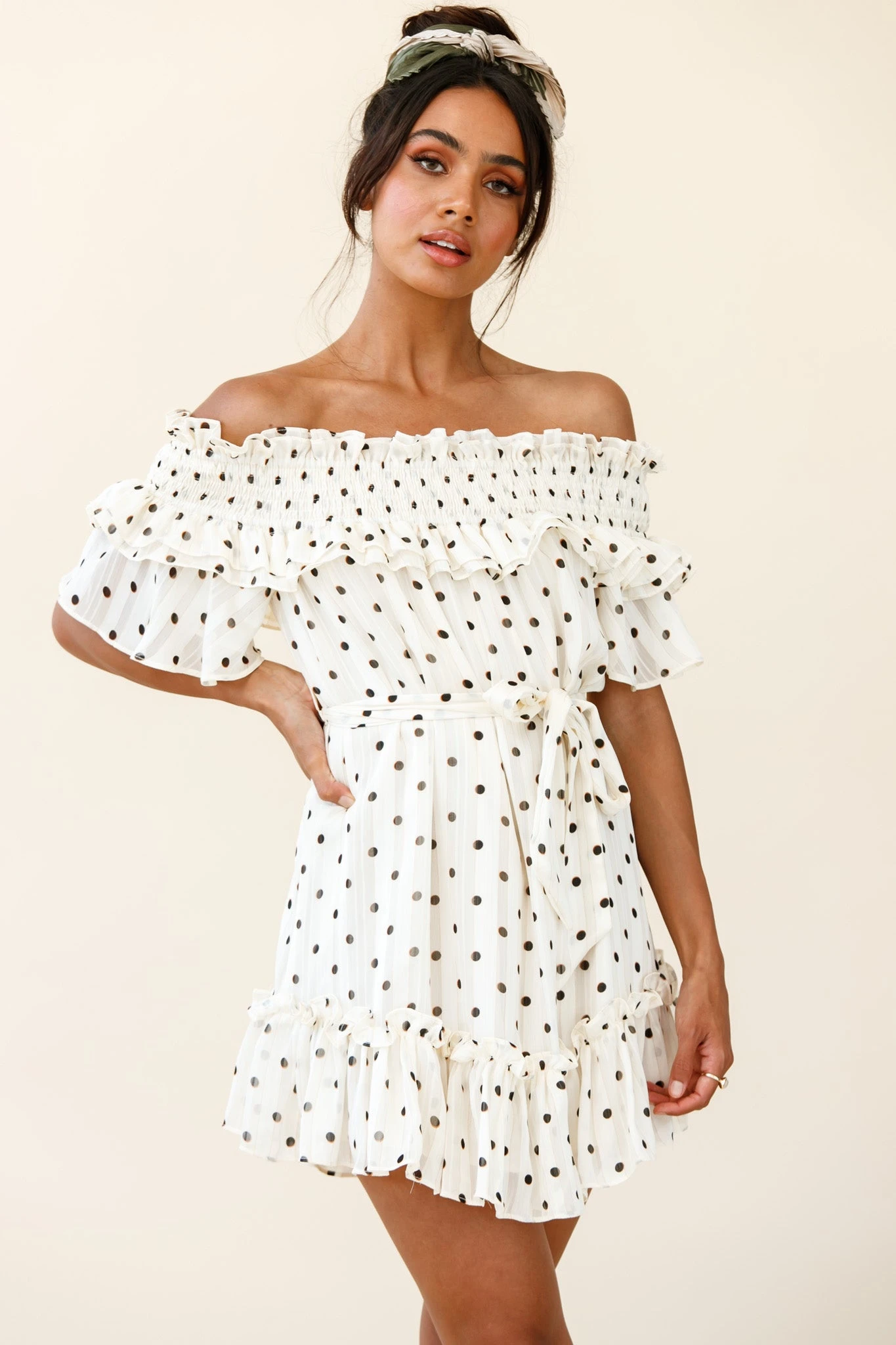 Rita Shirred Off-Shoulder Dress Polka Dot Print White 8 Rita Shirred Off-Shoulder Dress Polka Dot Print White - Image 6