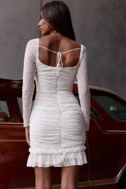 Tamara V-Neckline Ruched Long Sleeve Lace Mesh Dress White -Selfie Leslie Shop ST2424D01 20WHITE 3
