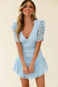 Adelia Ruched Puff Sleeve Floral Embroidery Dress Steel Blue 14 Adelia Ruched Puff Sleeve Floral Embroidery Dress Steel Blue -Selfie Leslie Shop ST2545D STEEL BLUE 1