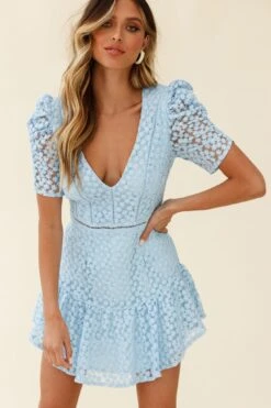 Adelia Ruched Puff Sleeve Floral Embroidery Dress Steel Blue 15 Adelia Ruched Puff Sleeve Floral Embroidery Dress Steel Blue -Selfie Leslie Shop ST2545D STEEL BLUE 4