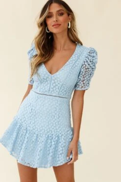 Adelia Ruched Puff Sleeve Floral Embroidery Dress Steel Blue 13 Adelia Ruched Puff Sleeve Floral Embroidery Dress Steel Blue -Selfie Leslie Shop ST2545D STEEL BLUE 5