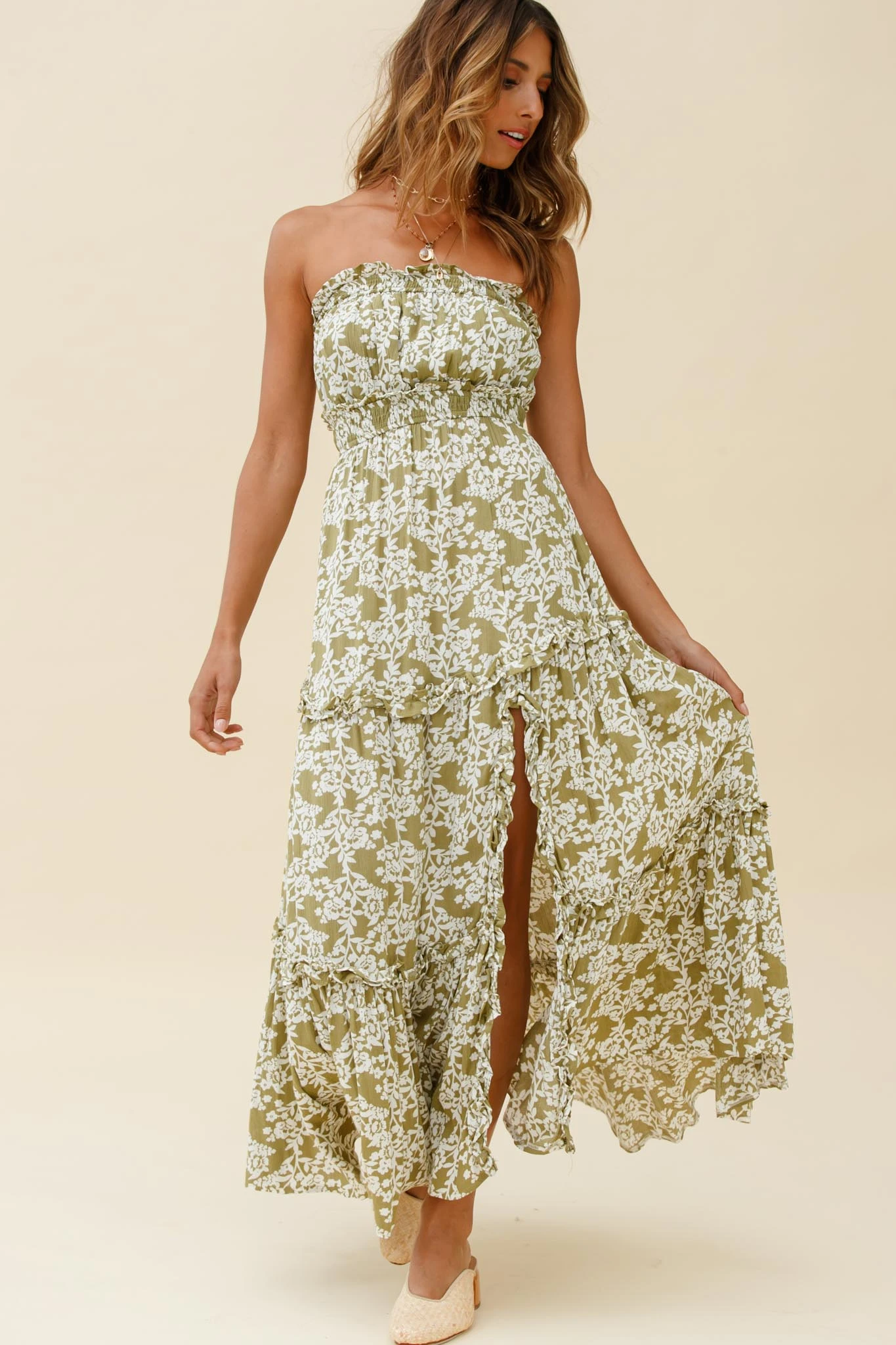 Take Me Away Strapless Maxi Dress Floral Print Green 3 Take Me Away Strapless Maxi Dress Floral Print Green