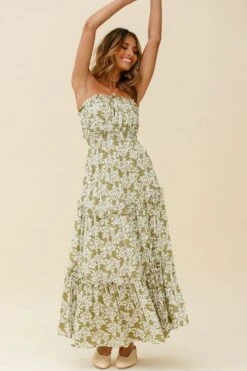Take Me Away Strapless Maxi Dress Floral Print Green 11 Take Me Away Strapless Maxi Dress Floral Print Green -Selfie Leslie Shop ST2587D GREEN 3