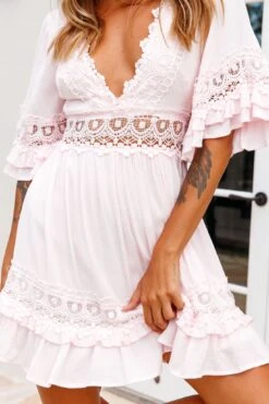 Kauai V-Neckline Crochet Lace Trim Dress Pink -Selfie Leslie Shop ST2677B PINK 4