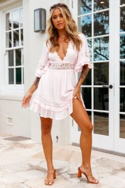 Kauai V-Neckline Crochet Lace Trim Dress Pink -Selfie Leslie Shop ST2677B PINK 5