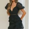 Taurus Floral Embroidery Puff Sleeve Dress Black