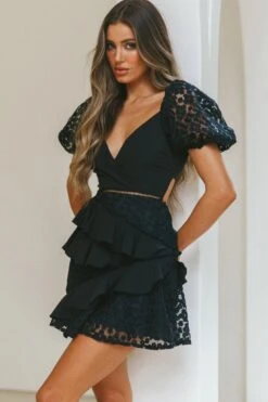 Taurus Floral Embroidery Puff Sleeve Dress Black 15 Taurus Floral Embroidery Puff Sleeve Dress Black -Selfie Leslie Shop ST2688D01 20BLACK 6