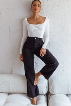 Bobbi Long Sleeve Ruched Side Ribbed Bodysuit White 9 Bobbi Long Sleeve Ruched Side Ribbed Bodysuit White -Selfie Leslie Shop ST2919B 20WHITE 2