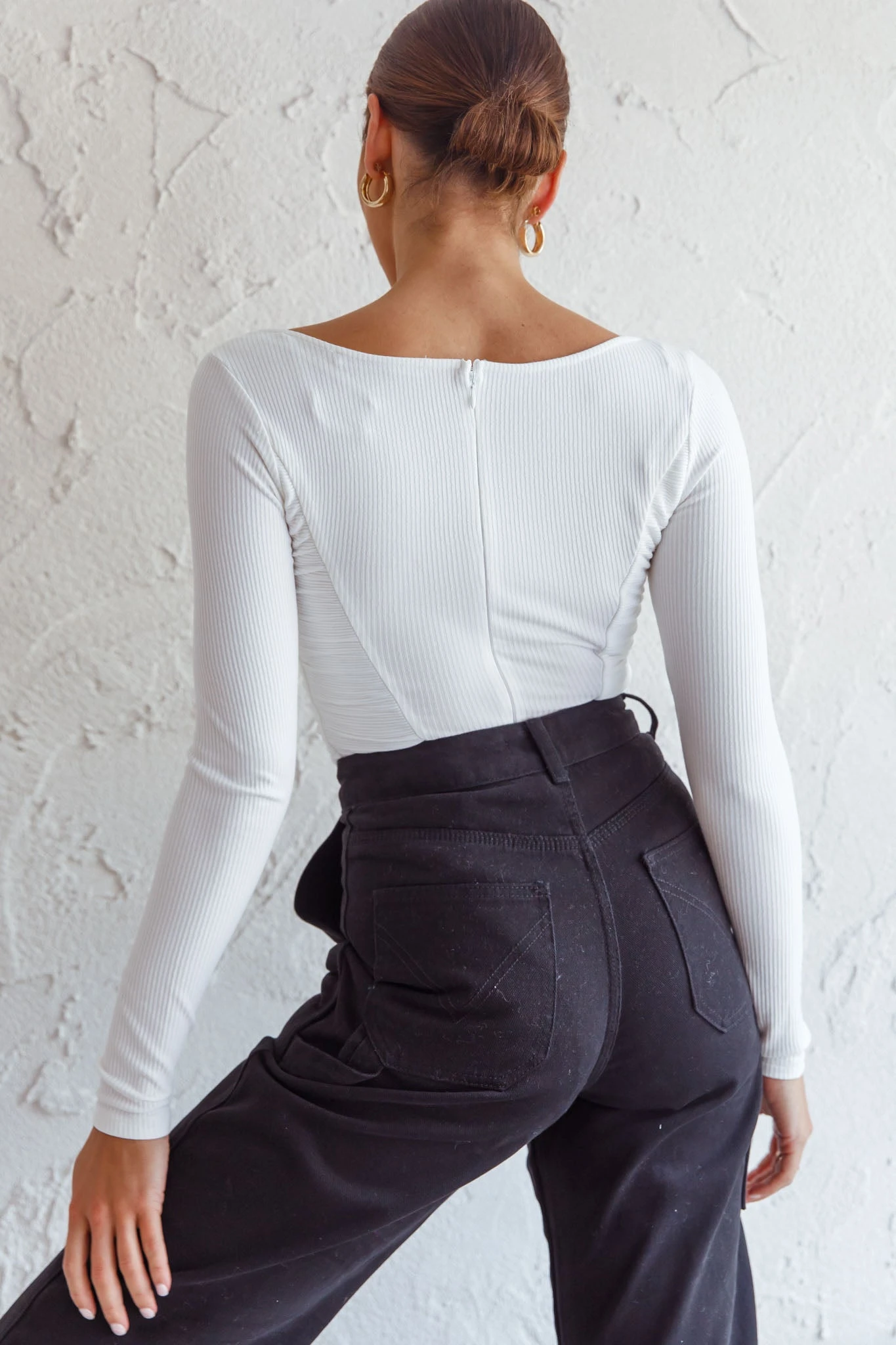 Bobbi Long Sleeve Ruched Side Ribbed Bodysuit White 4 Bobbi Long Sleeve Ruched Side Ribbed Bodysuit White - Image 2