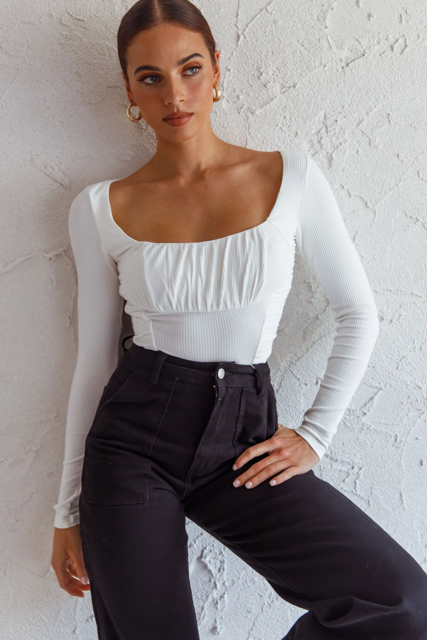 Bobbi Long Sleeve Ruched Side Ribbed Bodysuit White 6 Bobbi Long Sleeve Ruched Side Ribbed Bodysuit White - Image 4