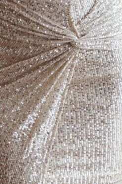 Miami Nights Cowl Neckline Twist Feature Mini Dress Sequin Beige -Selfie Leslie Shop ST2952B04 BEIGE 4