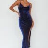 Moonstone Side Split Strappy Back Midi Dress Blue