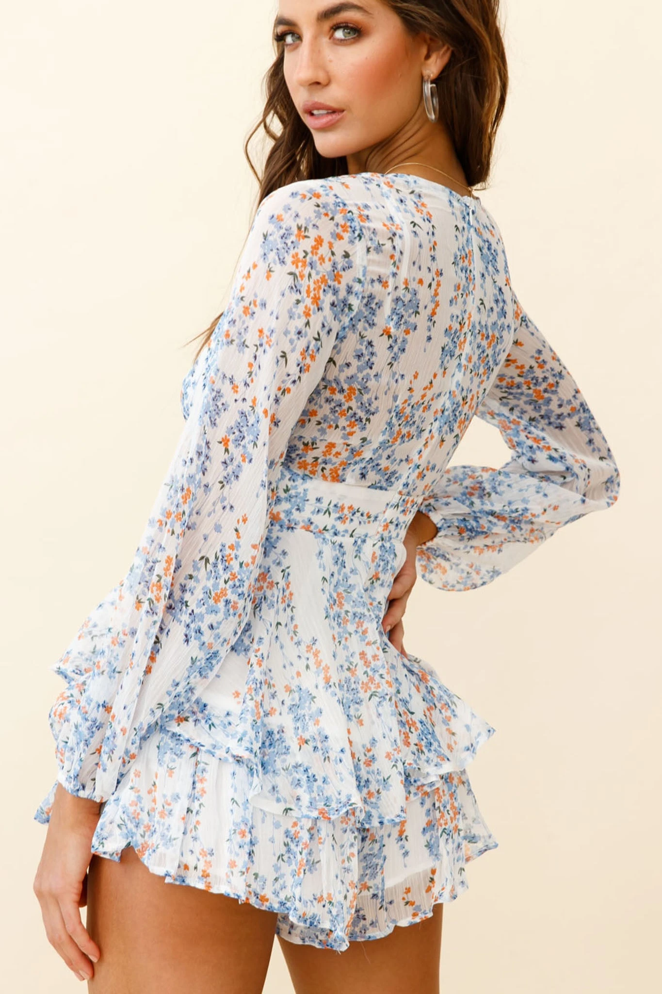 Maddox Fit & Flare Long Sleeve Romper Floral Vine White 4 Maddox Fit & Flare Long Sleeve Romper Floral Vine White - Image 2