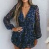 Maddox Fit & Flare Long Sleeve Romper Botanic Print Navy -Selfie Leslie Shop T0374D42 20NAVY 1