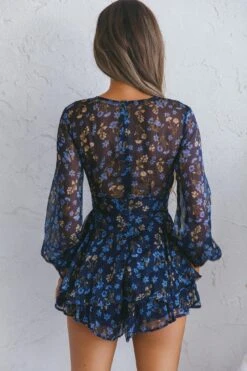 Maddox Fit & Flare Long Sleeve Romper Botanic Print Navy -Selfie Leslie Shop T0374D42 20NAVY 8